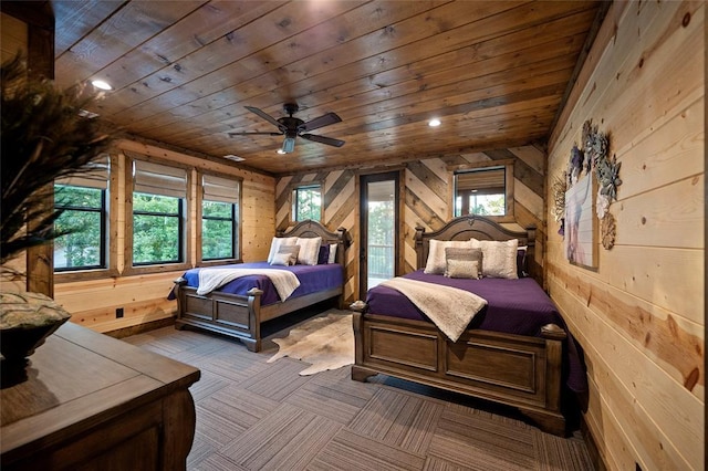 1329 Lake Ridge Ln, Broken Bow, OK 74728 - bedroom with wood ceiling, wooden walls, and recessed lighting