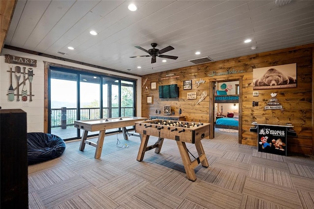 1329 Lake Ridge Ln, Broken Bow, OK 74728 - recreation room with wood walls, light carpet, recessed lighting, a ceiling fan, and wooden ceiling