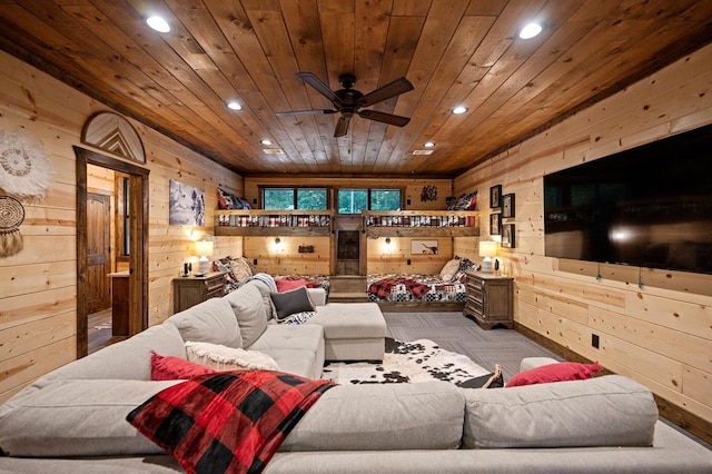 1329 Lake Ridge Ln, Broken Bow, OK 74728 - living area with wooden ceiling, wooden walls, recessed lighting, and a ceiling fan