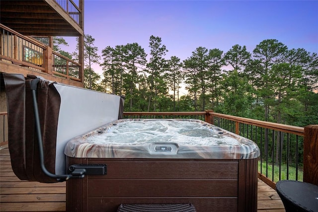 1329 Lake Ridge Ln, Broken Bow, OK 74728 - deck at dusk featuring a hot tub