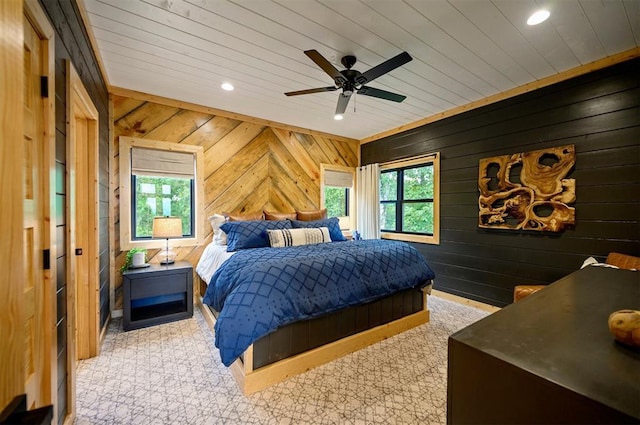 1329 Lake Ridge Ln, Broken Bow, OK 74728 - bedroom featuring wood walls, recessed lighting, wood ceiling, and ceiling fan