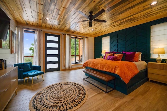 1329 Lake Ridge Ln, Broken Bow, OK 74728 - bedroom with wood ceiling, hardwood / wood-style floors, access to outside, and recessed lighting