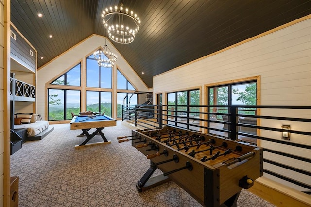 1329 Lake Ridge Ln, Broken Bow, OK 74728 - playroom with plenty of natural light, high vaulted ceiling, wooden ceiling, billiards, and carpet floors