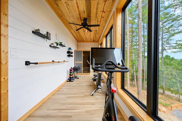 1329 Lake Ridge Ln, Broken Bow, OK 74728 - exercise room featuring wood ceiling, plenty of natural light, wooden walls, baseboards, and light wood-style floors
