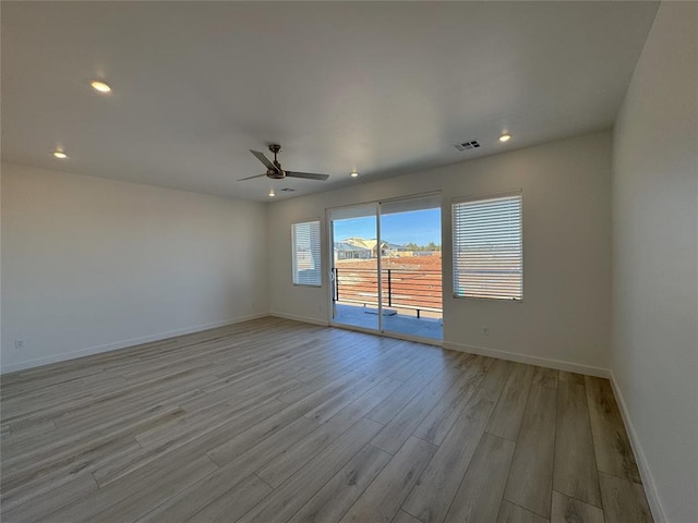 unfurnished room with visible vents, baseboards, ceiling fan, recessed lighting, and light wood finished floors