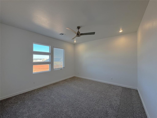 carpeted spare room with baseboards, recessed lighting, and ceiling fan