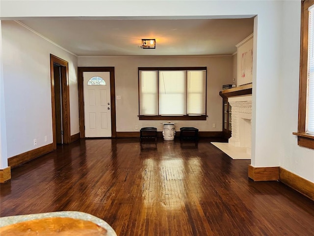 entrance foyer featuring wood-type flooring, ornamental molding, baseboards, and a healthy amount of sunlight