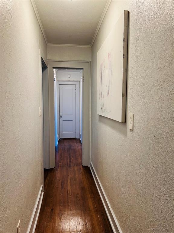 hallway with crown molding, baseboards, a textured wall, and wood-type flooring