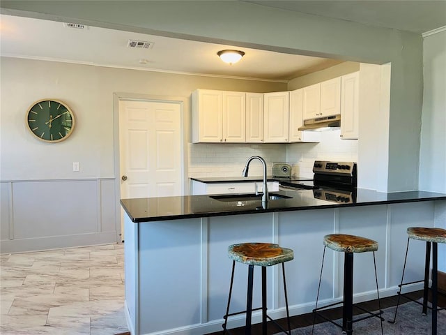 kitchen featuring electric stove, a kitchen bar, under cabinet range hood, white cabinets, and a sink