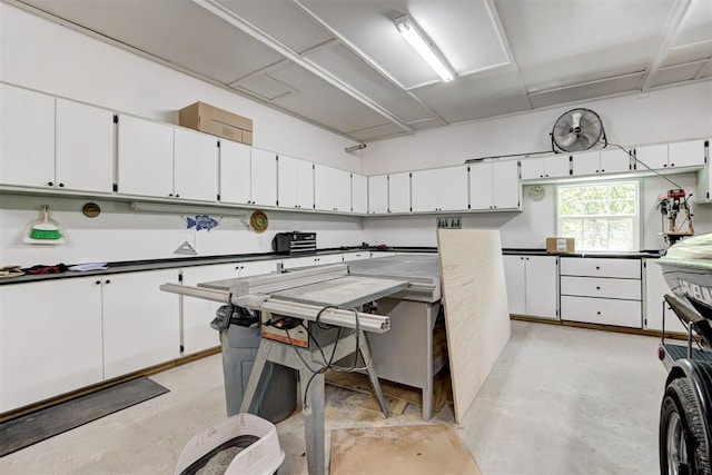 kitchen with white cabinets and concrete flooring