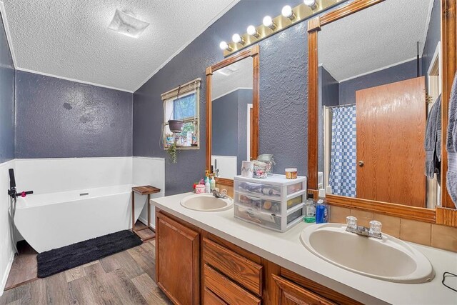 bathroom with a sink, a textured wall, and a textured ceiling
