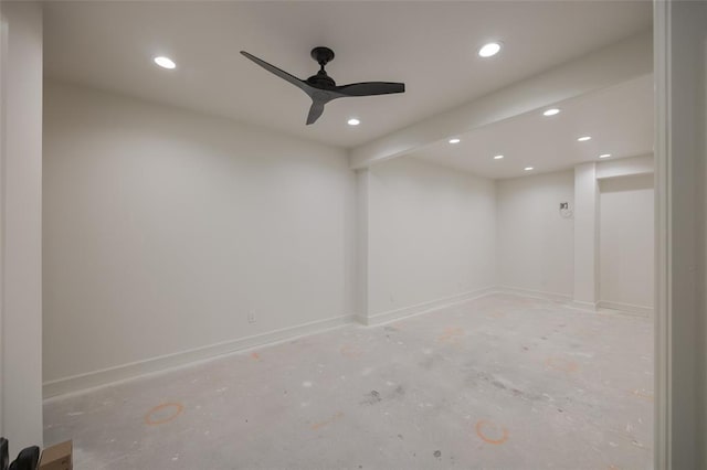 empty room with recessed lighting, a ceiling fan, and baseboards