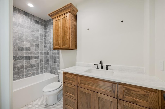 full bath with tile patterned floors, vanity, toilet, and recessed lighting