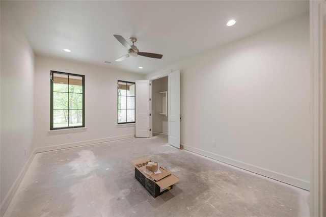 unfurnished bedroom with recessed lighting, visible vents, ceiling fan, and baseboards