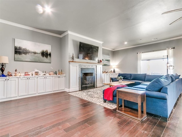 3537 W Fox Ln, Newcastle, OK 73065 - living area featuring ornamental molding, recessed lighting, a premium fireplace, and wood finished floors