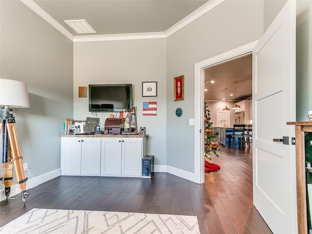 3537 W Fox Ln, Newcastle, OK 73065 - kitchen featuring white cabinets, ornamental molding, dark wood-style floors, and baseboards