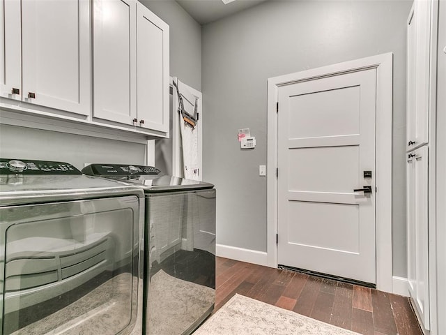 3537 W Fox Ln, Newcastle, OK 73065 - clothes washing area featuring dark wood-type flooring, baseboards, cabinet space, and washing machine and clothes dryer