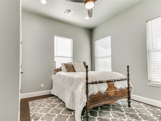 3537 W Fox Ln, Newcastle, OK 73065 - bedroom with recessed lighting, ceiling fan, visible vents, baseboards, and wood finished floors