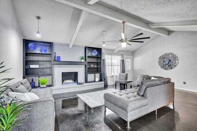 living area with ceiling fan, lofted ceiling with beams, a brick fireplace, a textured ceiling, and baseboards