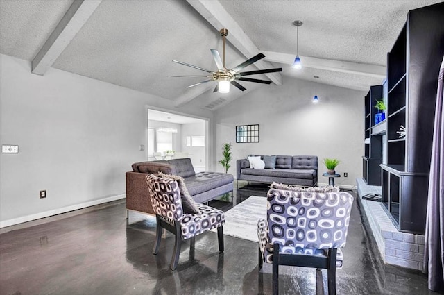 living area with a textured ceiling, a ceiling fan, baseboards, vaulted ceiling with beams, and wood finished floors