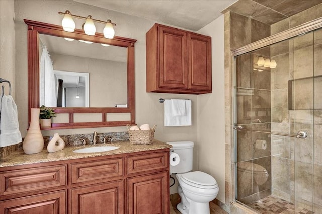 bathroom with vanity, a shower stall, and toilet
