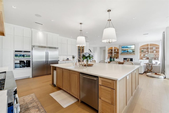 kitchen featuring light wood-style flooring, a sink, stainless steel appliances, open floor plan, and a large island