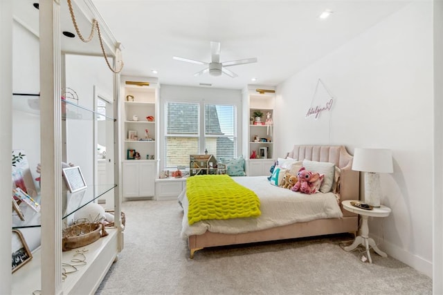 bedroom with carpet, ceiling fan, and recessed lighting