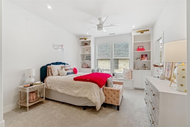 bedroom with recessed lighting, a ceiling fan, visible vents, and light colored carpet