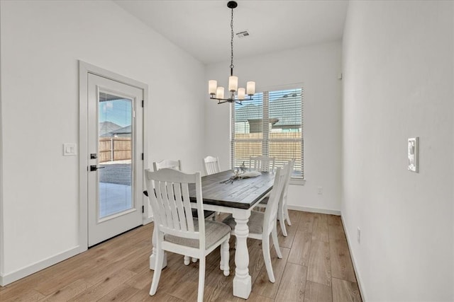 9213 NW 84th St, Yukon, OK 73099 - dining space featuring a chandelier, visible vents, light wood-style flooring, and baseboards