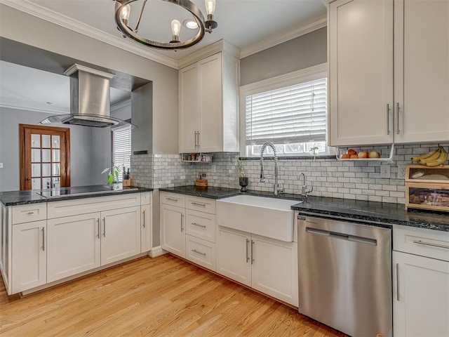 kitchen featuring a sink, black electric stovetop, crown molding, stainless steel dishwasher, and island range hood
