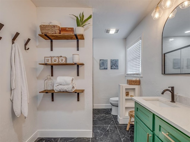 full bathroom with toilet, an enclosed shower, visible vents, marble finish floor, and baseboards