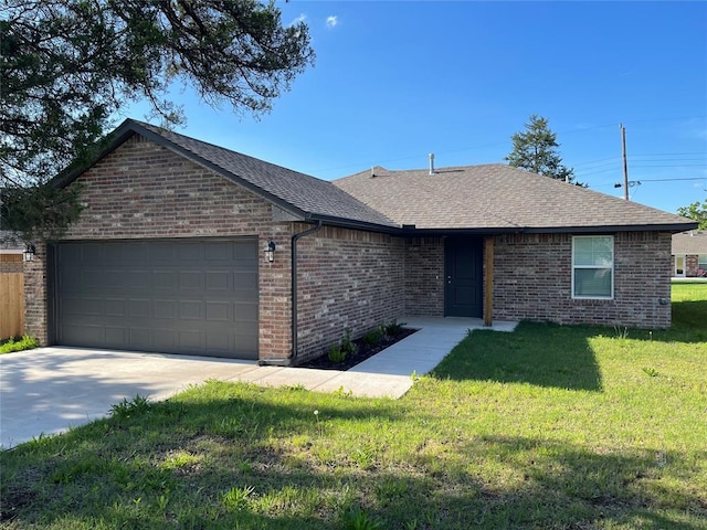 single story home with driveway, brick siding, a front lawn, an attached garage, and a shingled roof