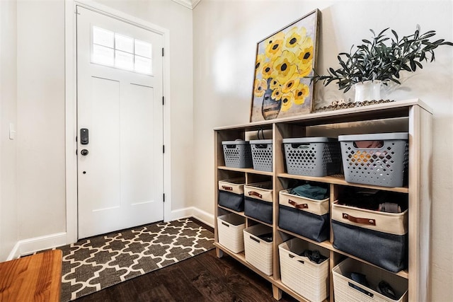 entryway featuring baseboards and dark wood-type flooring