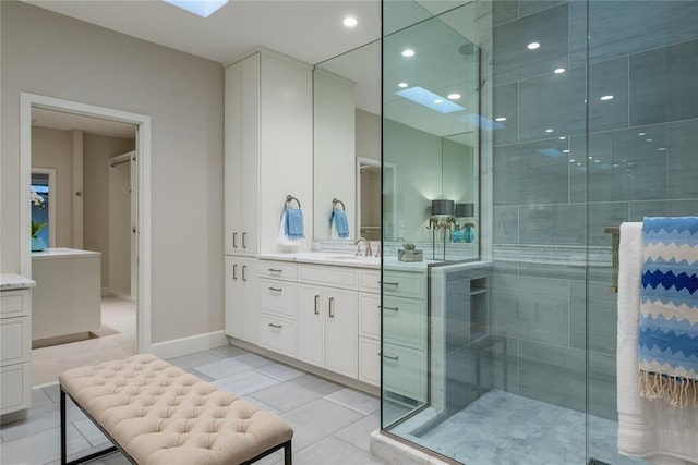 1421 Glenbrook Ter, Nichols Hills, OK 73116 - full bathroom with vanity, baseboards, recessed lighting, tile patterned floors, and a stall shower