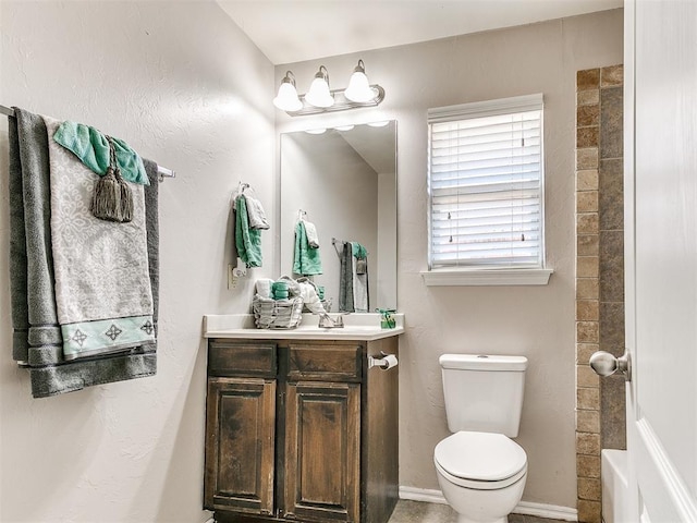 full bath with vanity, a bathing tub, walk in shower, and toilet