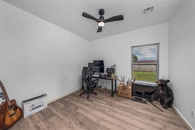 office area with ceiling fan, baseboards, wood finished floors, and visible vents