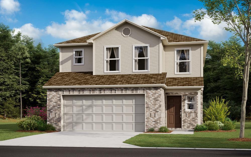 view of front facade featuring concrete driveway, roof with shingles, an attached garage, and brick siding