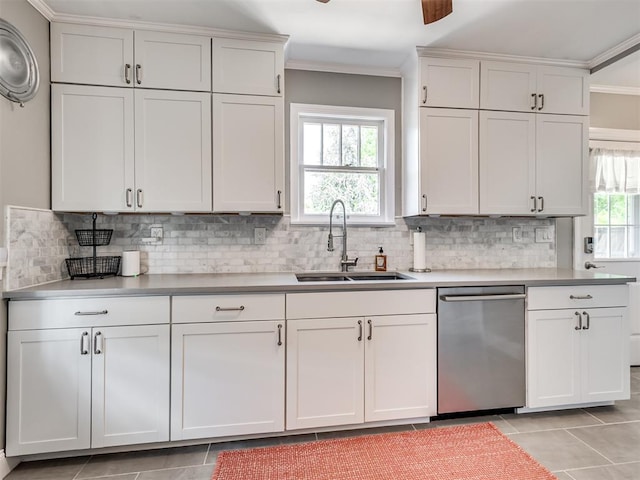 kitchen featuring a sink, decorative backsplash, crown molding, and stainless steel dishwasher