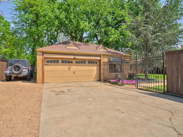 garage with fence and concrete driveway