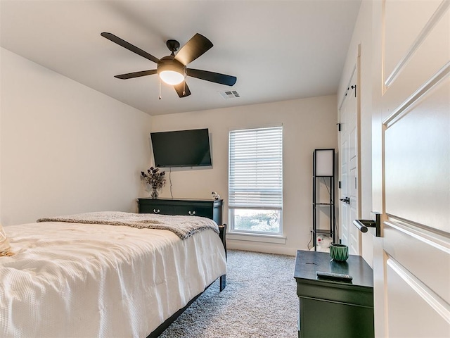 bedroom with carpet floors, a ceiling fan, and visible vents