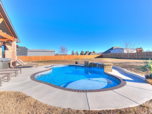 view of swimming pool featuring a fenced backyard, a fenced in pool, and a patio