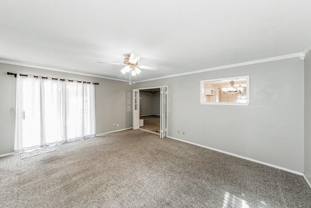 237 E 30th St, Edmond, OK 73013 - unfurnished room with ornamental molding, carpet, baseboards, a chandelier, and ceiling fan