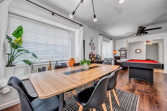 dining area with billiards, ceiling fan, dark wood finished floors, and a textured ceiling