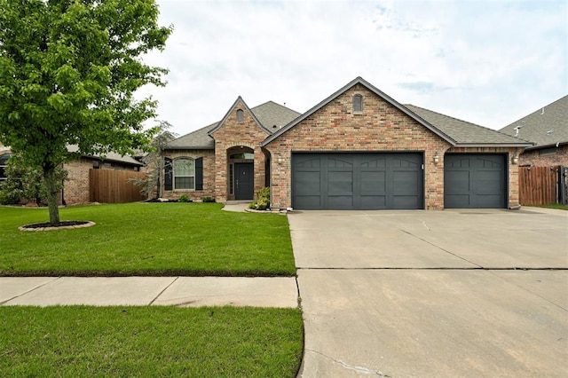 view of front of house with brick siding, fence, a front lawn, concrete driveway, and an attached garage