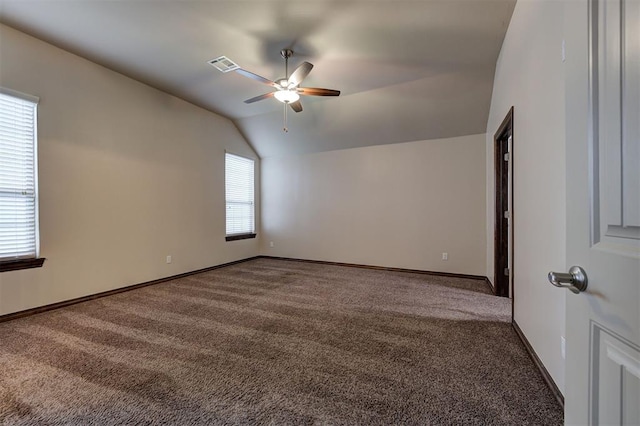 bonus room featuring carpet, vaulted ceiling, ceiling fan, baseboards, and visible vents