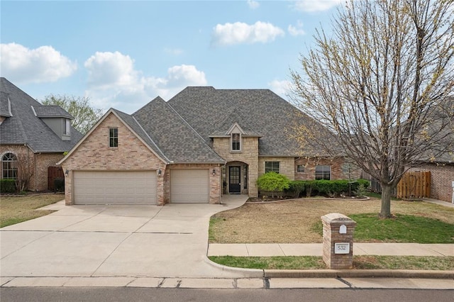 532 Conquistador Ct, Edmond, OK 73025 - french country style house featuring concrete driveway, a front yard, brick siding, and a garage