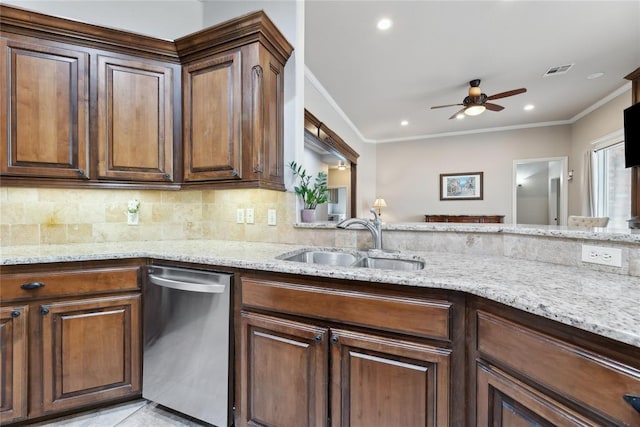 532 Conquistador Ct, Edmond, OK 73025 - kitchen featuring light stone countertops, ceiling fan, dishwasher, a sink, and visible vents