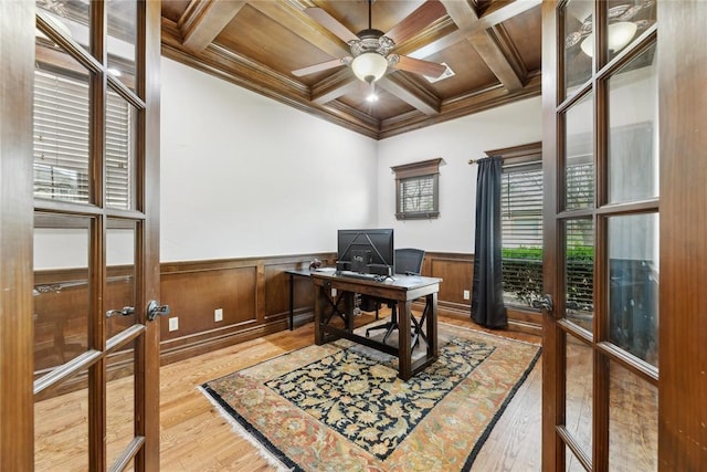 532 Conquistador Ct, Edmond, OK 73025 - office area with wood-type flooring, coffered ceiling, ceiling fan, and wainscoting