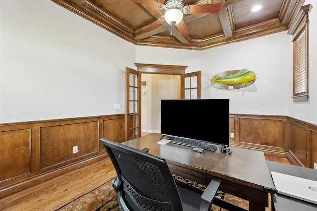 532 Conquistador Ct, Edmond, OK 73025 - office area with a wainscoted wall, light wood-style flooring, a ceiling fan, and crown molding
