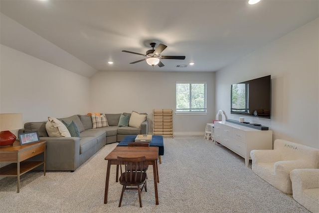 living area with a ceiling fan, visible vents, light colored carpet, baseboards, and recessed lighting